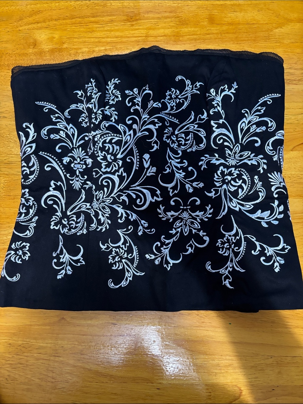 White House Black Market Black Strapless Embroidered Floral Top